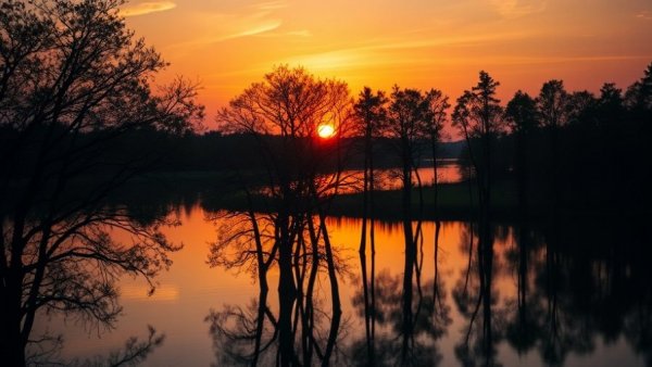 Silhouetted trees at sunset reflecting on a calm lake with golden hues.