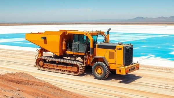 Heavy machinery at sustainable lithium mining site in desert landscape.