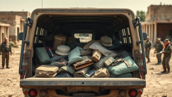 Military truck with goods suggesting systematic looting by troops
