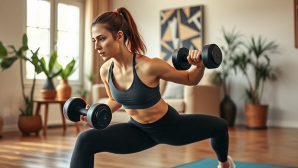 Athletic woman doing reverse lunges for glute strength with dumbbells.