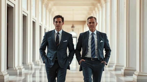 Two gentlemen in suits walking confidently in a formal hallway.