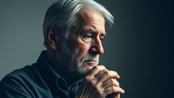 Contemplative elderly man showing internalized stress and memory decline.