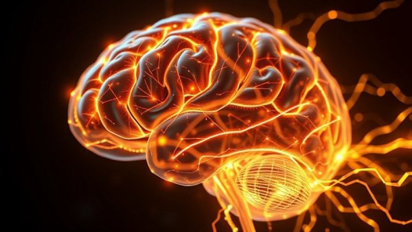 Futuristic depiction of a glowing brain with electric waves.