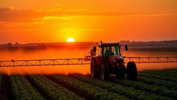 Pesticide Exposure and Cancer Risk: Tractor sprays fields at sunset.