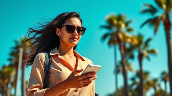 Woman walking confidently with phone to increase walking speed
