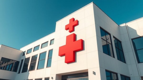HCA Healthcare building facade with red cross logo under clear blue sky.
