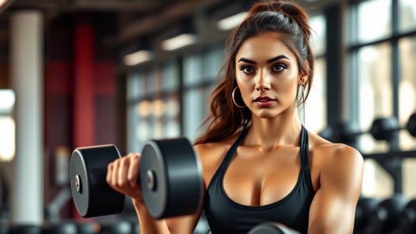 Focused woman doing dumbbell row in gym for PCOS workout plan.
