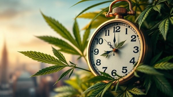 Conceptual cannabis leaves with clock, rescheduling opportunities.