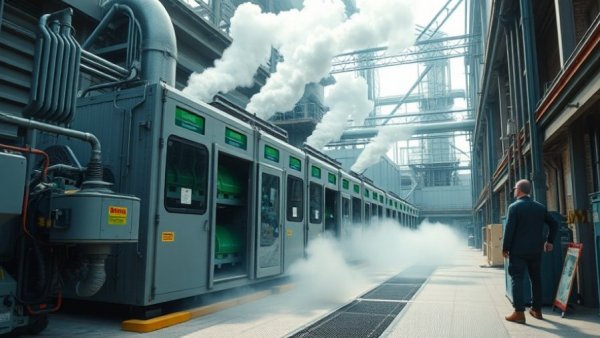 Futuristic modular waste-to-energy facility in urban industrial setting.