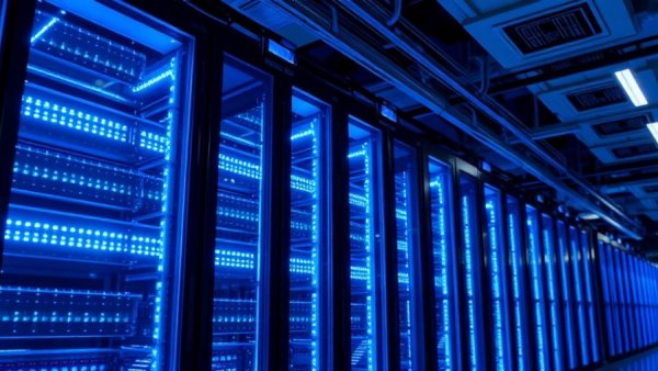 Futuristic AI data center in Malaysia with glowing server racks.