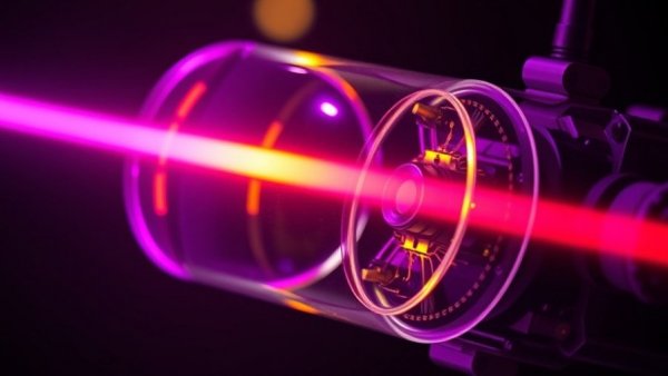Futuristic laser mechanism with colorful light beams.