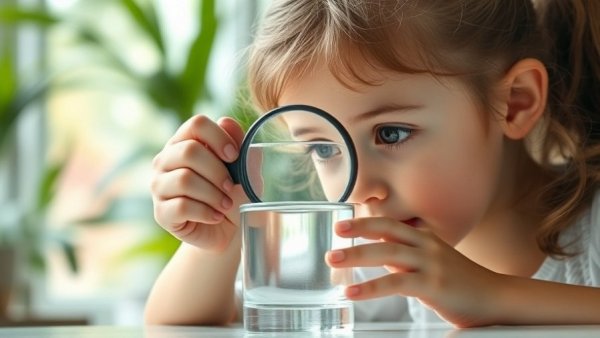 Child examines water glass, potential NDMA exposure concern.