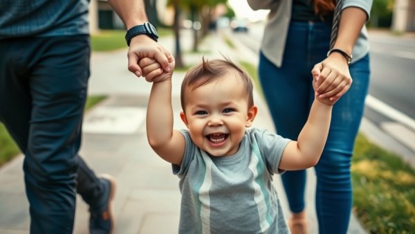 Young child swinging with parents' help on a sidewalk - Snowplow Parenting