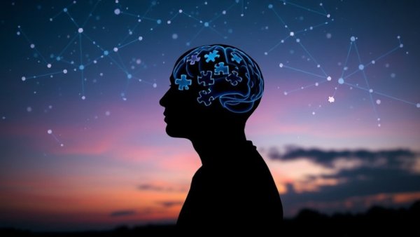 Silhouette with puzzle brain under starry sky symbolizing Alzheimer's memory restoration.