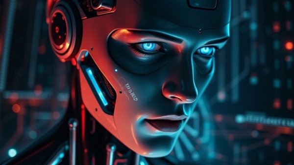 Futuristic AI robot face with glowing brain, AI comprehension limitations.