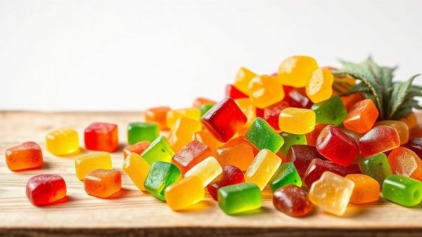 Assorted herbal gummies on a wooden table, bright and colorful.