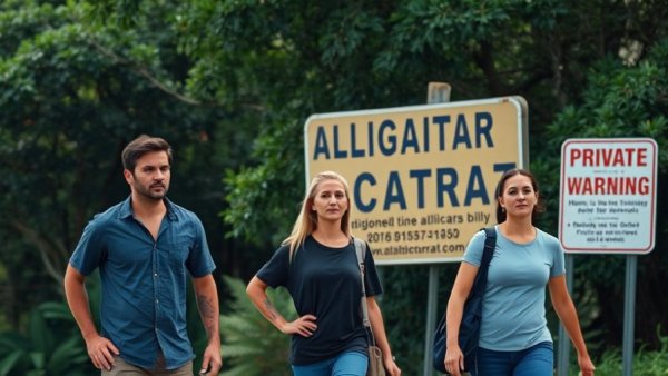 People walking past Alligator Alcatraz sign by trees.