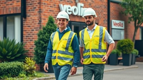 Workers at Veolia, a company known for sustainability efforts, walking outside.