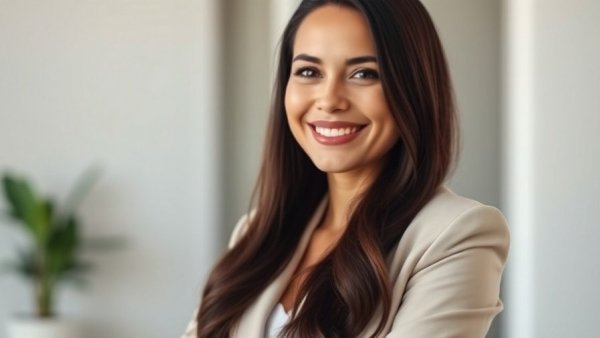 Confident woman in light suit smiling warmly, gut microbiome regulates hormones.