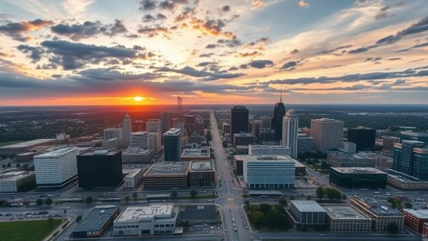 Aerial view of Omaha downtown skyline at sunset showcasing urban architecture.