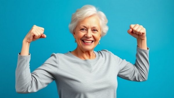 Elderly woman flexing muscles, eccentric exercise for muscle building.