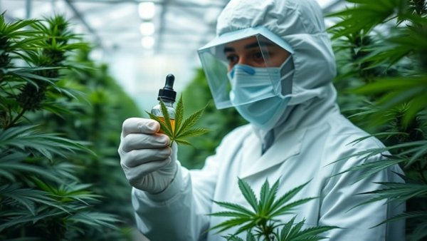 Scientist with cannabis leaf and oil bottle in greenhouse.