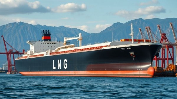 Large LNG tanker at European port with mountains in background.