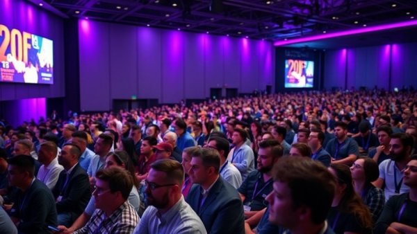 Engaged audience at LifeWave convention with vibrant graphics.