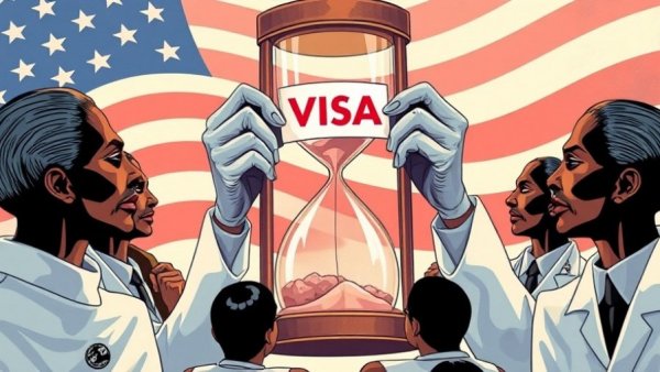Illustration of visa delays affecting doctors and patients in hourglass.