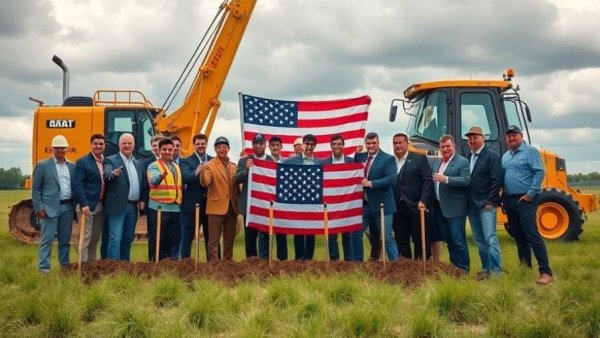 Trump-backed Power Plant Ohio groundbreaking ceremony with group and flag.
