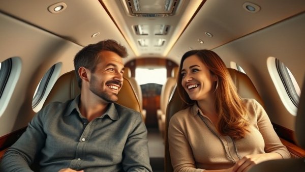 Private jet interior with smiling individuals, warm lighting.