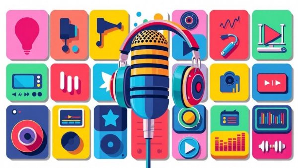 Illustration of audio equipment and digital symbols in colorful design.