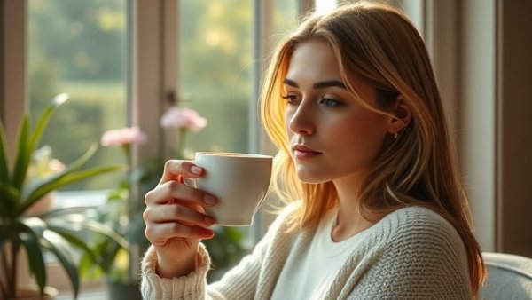 Serene woman enjoying coffee in sunlight, effects of coffee on gut health.