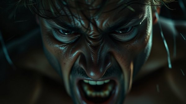Man's face showing fear and anxiety in low light, suggesting infrasound effects.