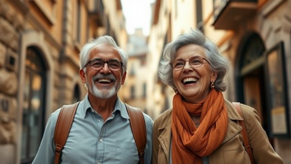 Middle-aged couple exploring an old European street, showing joy and vitality.