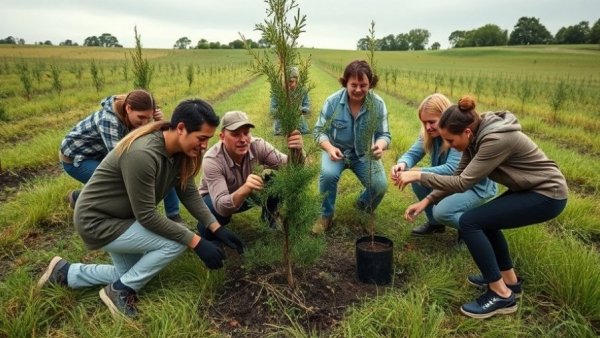 People engaged in tree planting for environmental restoration