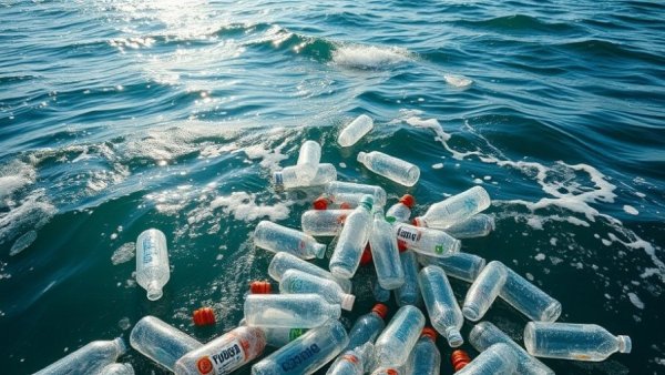 Plastic bottles polluting ocean, floating amidst waves.