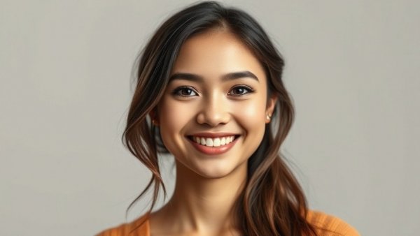 Confident young woman smiling with gradient background.