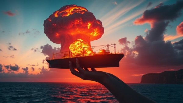 Dramatic cinematic photo of a fiery explosion in the sky over an ocean.