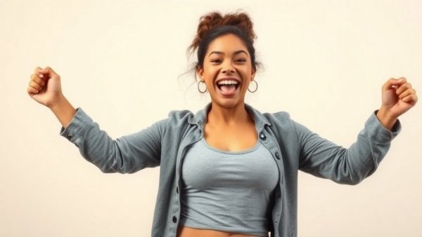 Woman celebrating weight achievement, joyful reaction on scale.