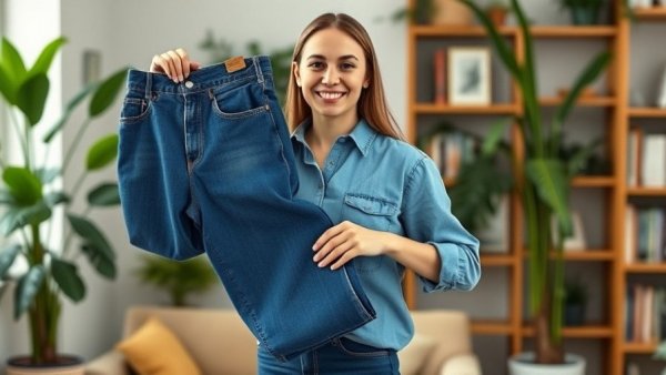 Woman showcasing oversized jeans, symbolizing weight loss success.