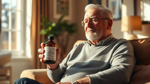 Senior man with medical cannabis in cozy living room, highlighting veteran care.