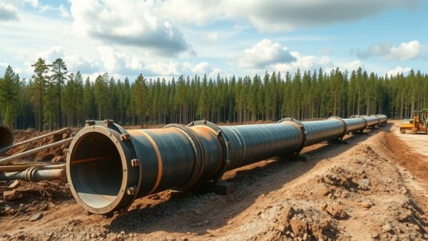 Pipeline sections in forest clearing amid Enbridge pipeline opposition scene