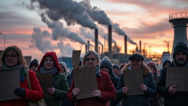 Protestors with signs outside slaughterhouse at twilight for faster line speeds.