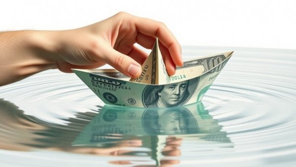Hand placing dollar bill boat on reflective water, symbolizing Estimated Earnings in Network Marketing.