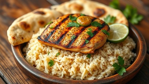 Grilled chicken with rice and naan for healthy grilling recipes.
