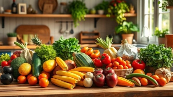 Vibrant healthy foods display with fruits and vegetables