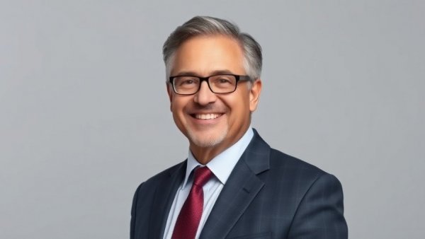 Professional man in suit smiling, One More International expansion portrait.