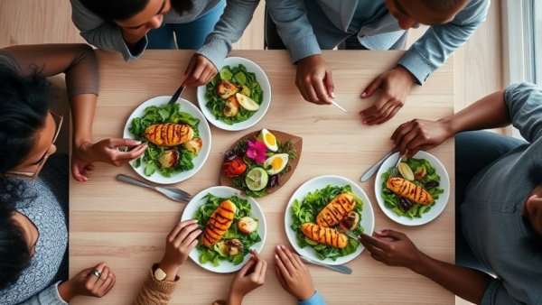 Diverse group enjoying a meal of greens and grilled chicken, top view.
