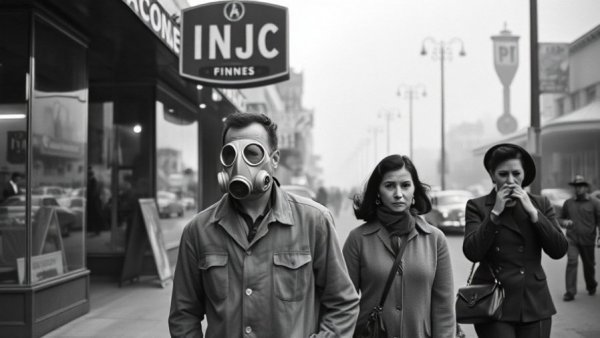 1950s Los Angeles air pollution with people wearing masks and covering noses.